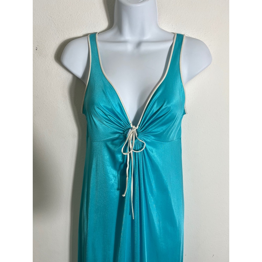 VINTAGE 1960s VASSARETTE Turquoise Satin Nightgown Maxi Slip Dress - Picture 6 of 11